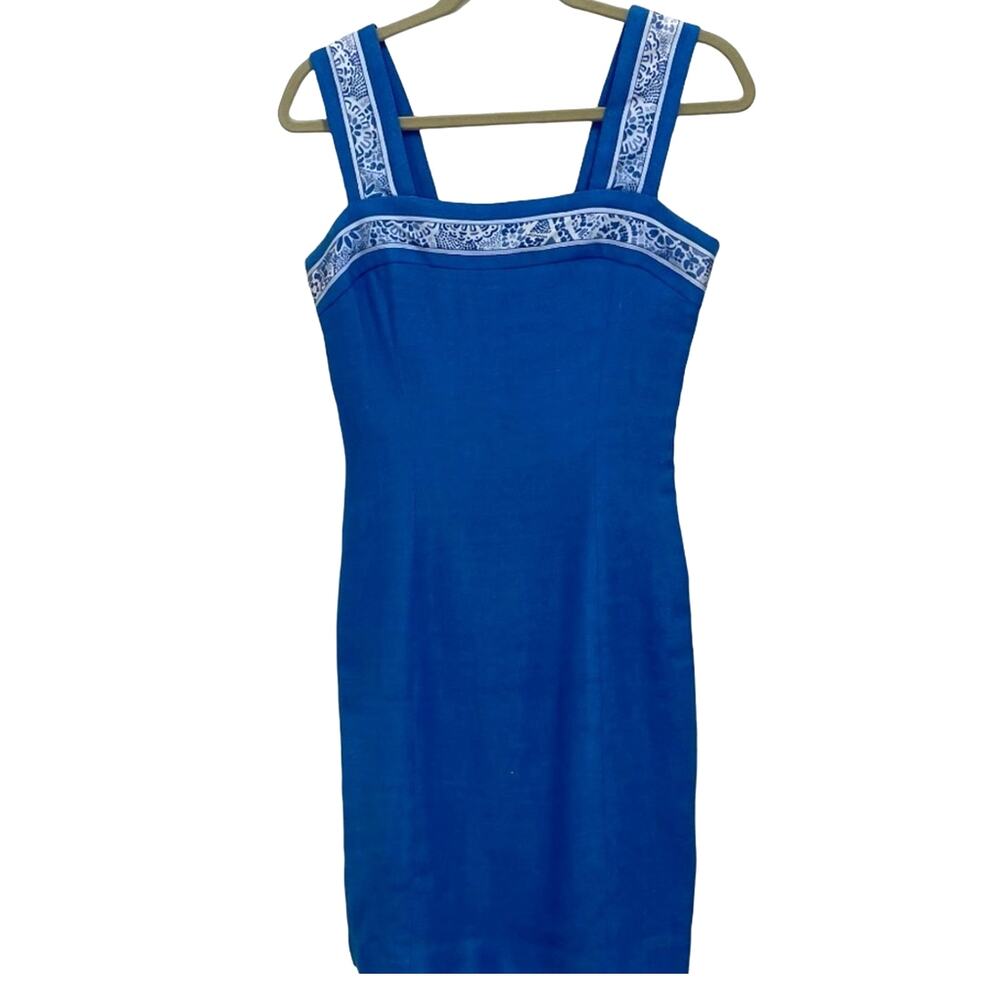 Vintage 70s Sleeveless Mini Dress Leonard Paris Blue Linen Blend Embroidery Trim